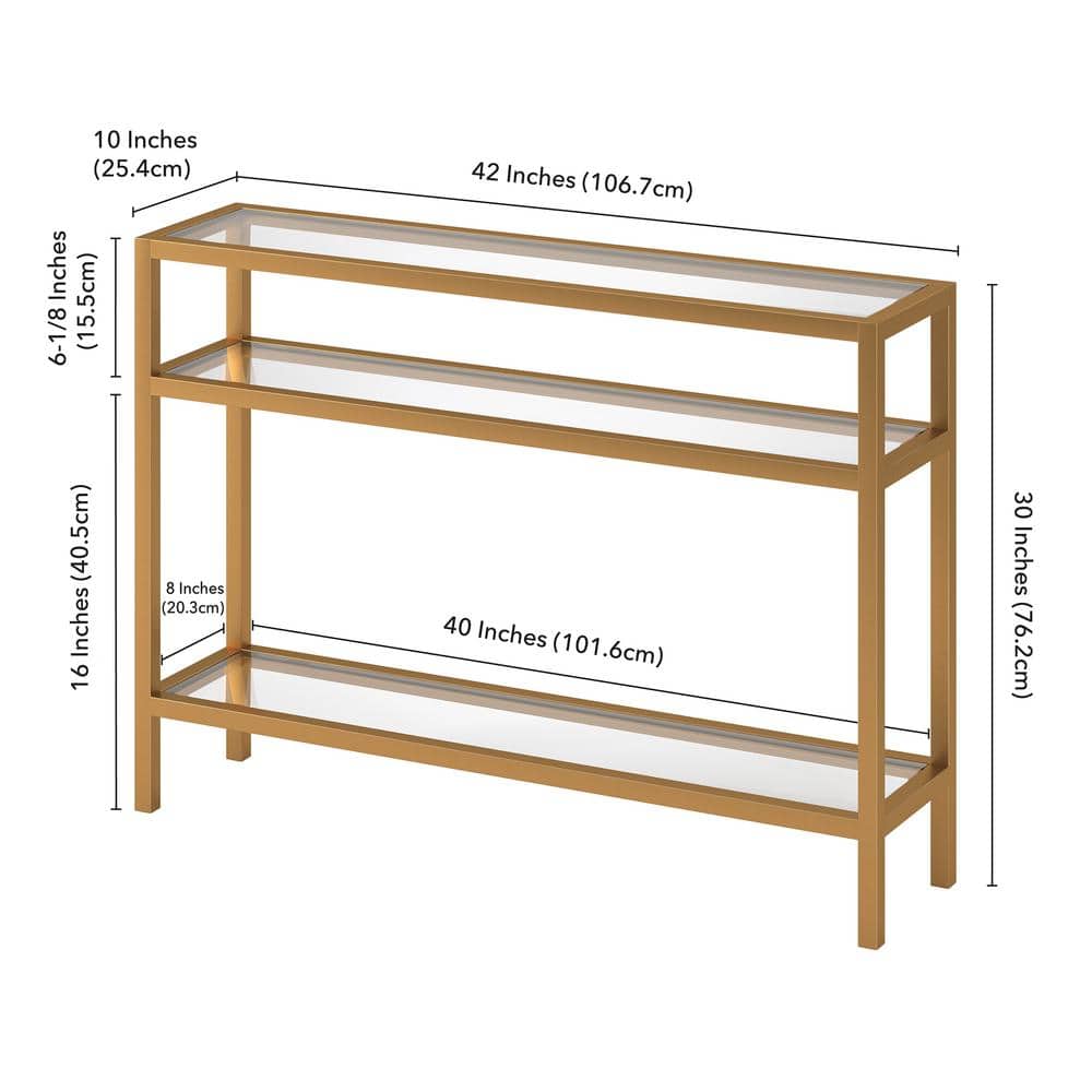 Brass Finish Metal and Glass Console Table with Storage