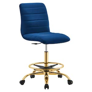 Ripple Armless Performance Velvet Adjustable Height Drafting Chair in Gold Navy