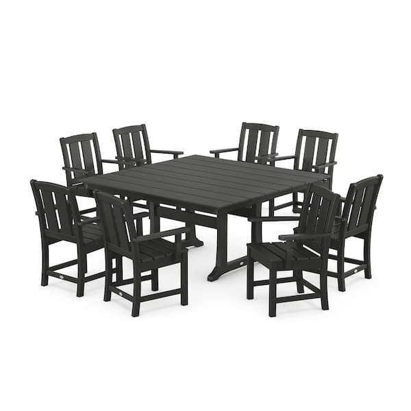 POLYWOOD Mission 9-Piece Farmhouse Trestle Plastic Square Outdoor Dining Set in Black