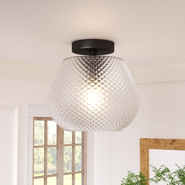 Raleigh 9.8 in. Single Head Black Semi-Recessed Ceiling Light with Glass Shade.