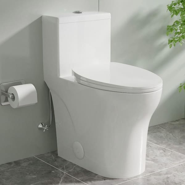 1-Piece ADA 19 in. Toilet 1.0/1.28 GPF Dual Flush Elongated Toilet in White, Soft-Close Seat Included 12 in. Rough-In