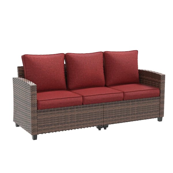3-Person Brown Wicker Outdoor Couch with Red Cushions
