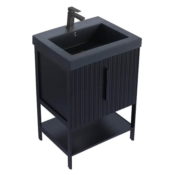 FINE FIXTURES 24 in. W x 18 in. D x 33.5 in. H Bath Vanity in Black Matte with Gel Coated Thick Edge top in Black with Black Hardware