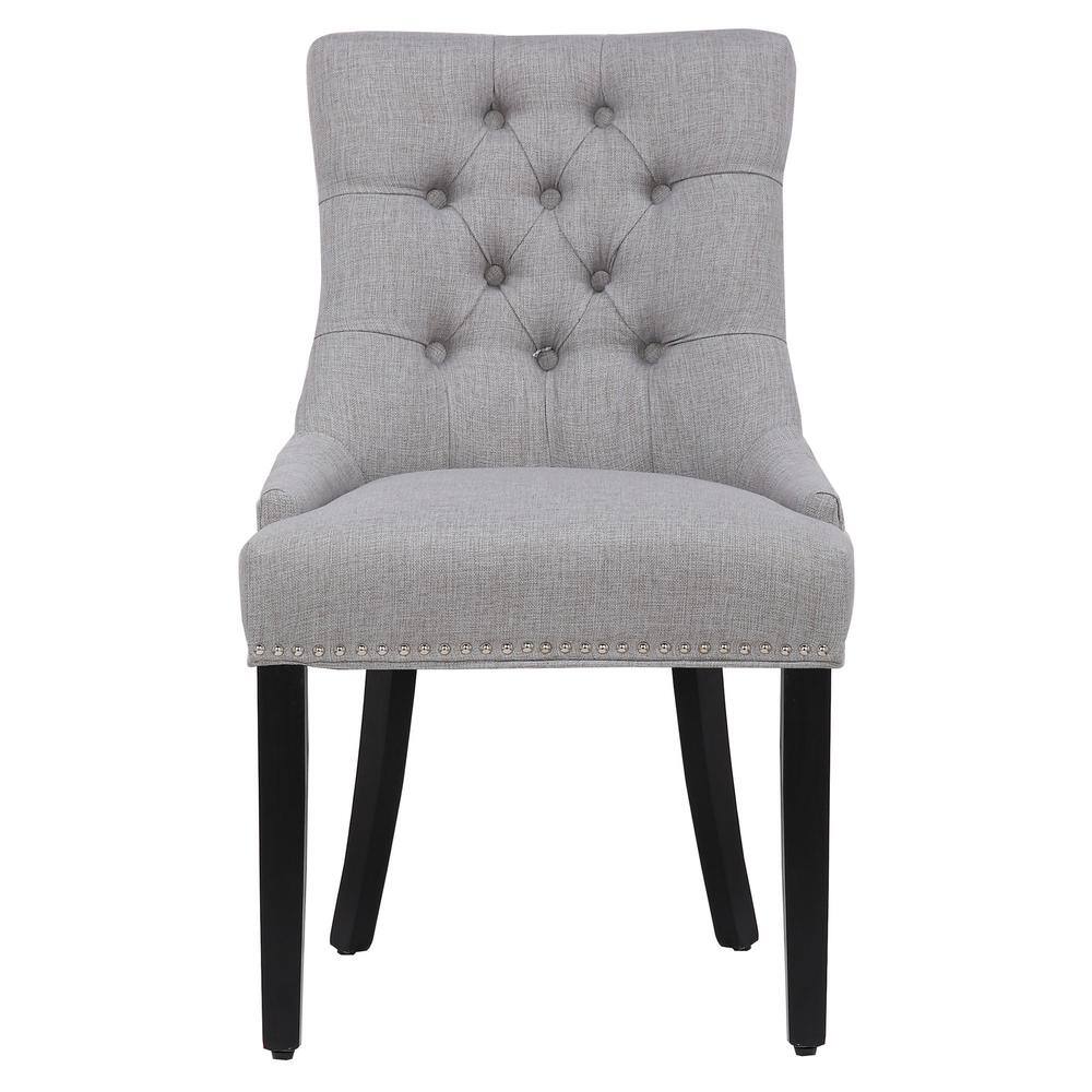 Elegant Gray Linen Upholstered High-Back Side Chair with Wood Accents