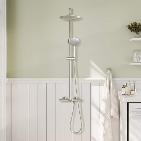 5-Spray Patterns 9.5 in. Thermostatic Shower Faucet Wall Mount Dual Shower Heads and Tub Faucet in Brushed Nickel
