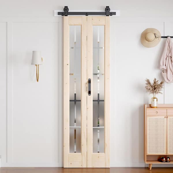 24 in. x 84 in. Full Lite Pre Assembled Frosted Glass Solid Core Wood Bi-Fold Door with Hardware