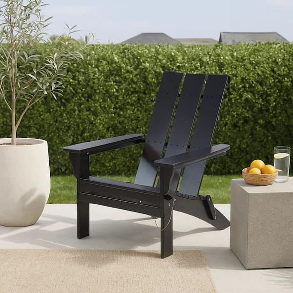 Rustic Black Steel and Acacia Wood Foldable Patio Outdoor Adirondack Chair