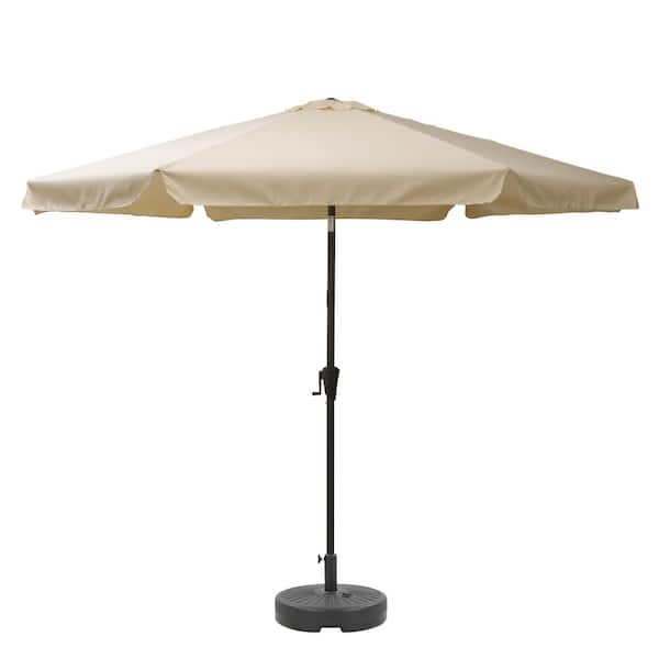 CorLiving 10 ft. Steel Market Round Tilting Patio Umbrella and Base in Warm White