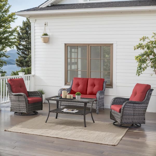 4-Piece Gray Wicker Patio Conversation Set with Olefin Red Cushions and Swivel Glider Chairs/Loveseat