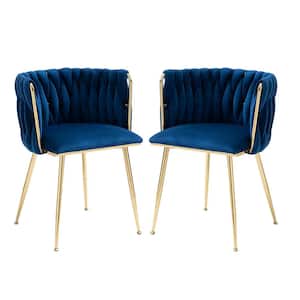 Modern Navy Blue Velvet Leisure Dining Chair with Metal Legs (Set of 2)