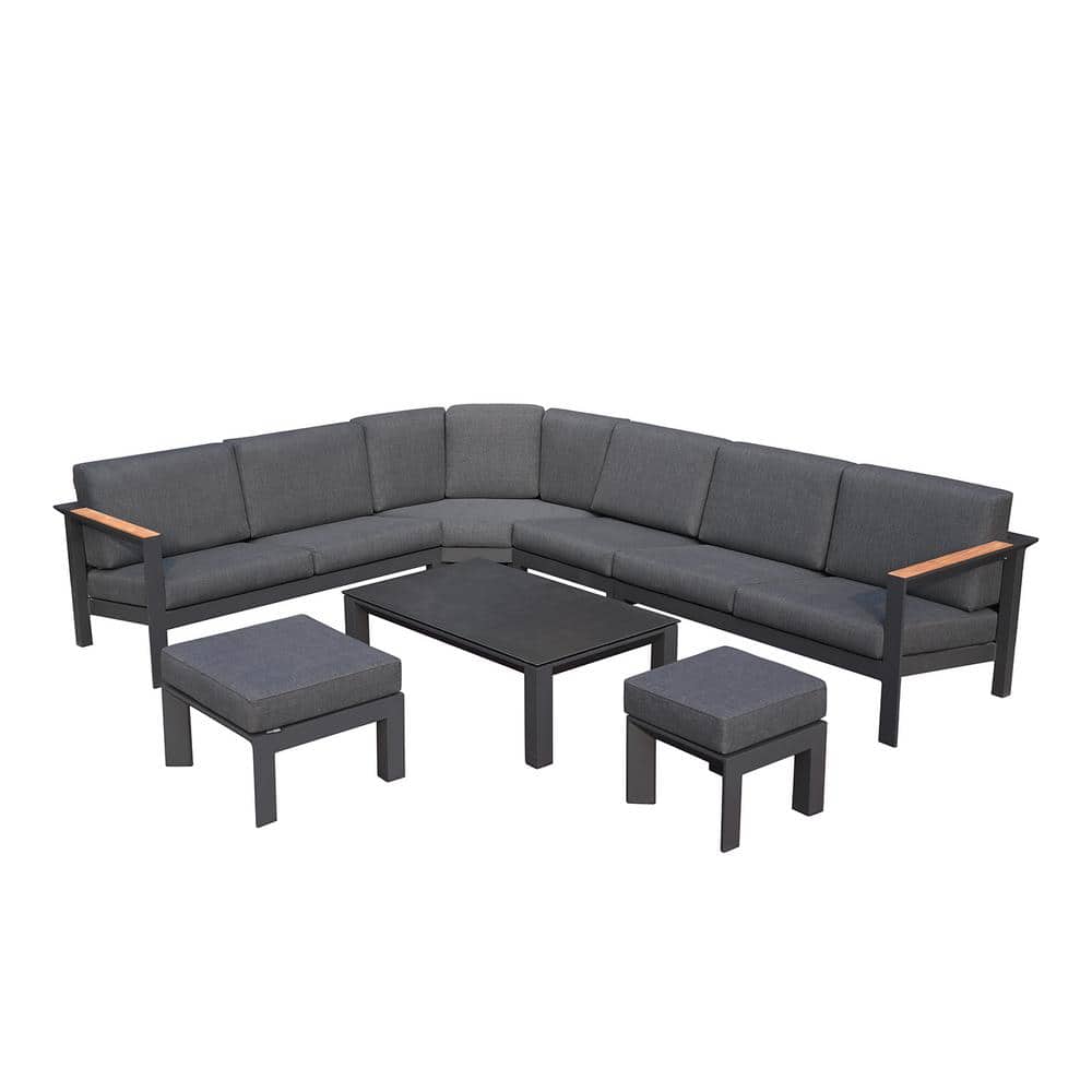 DIRECT WICKER Anna Black 7-Piece Aluminum Patio Conversation Sectional Set with Black Cushions -  PAS-2327