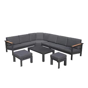 Anna Black 7-Piece Aluminum Patio Conversation Sectional Set with Black Cushions