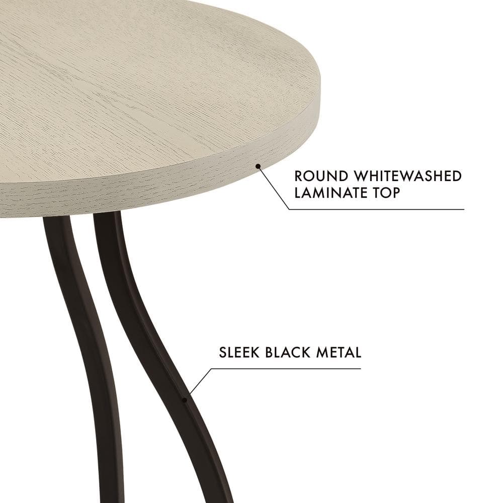 Lindsay 20" Whitewash Round Oak Veneer End Table with Black Metal Base