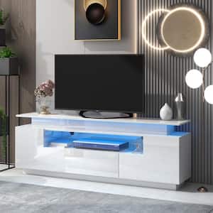 Stylish 67 in. White TV Stand with Cabints, Drawer and Shelf Fits TV's up to 75 in. with Color Changing LED Lights
