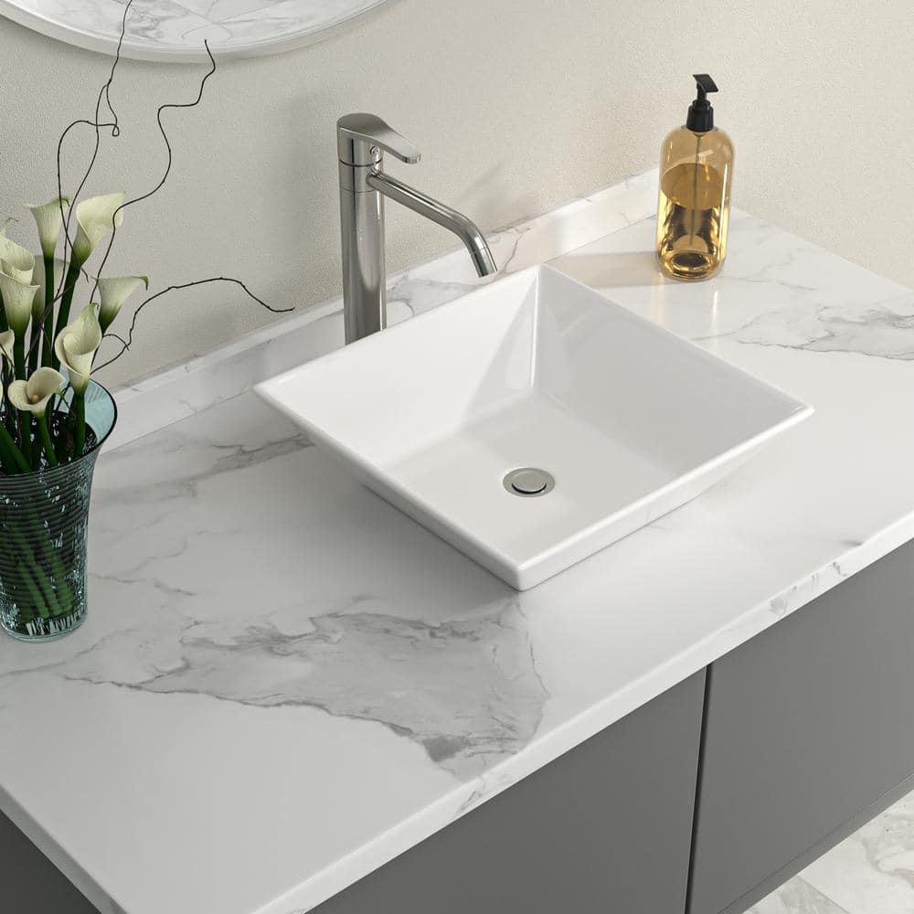 White Gloss Ceramic Square Wall-Mount Bathroom Sink