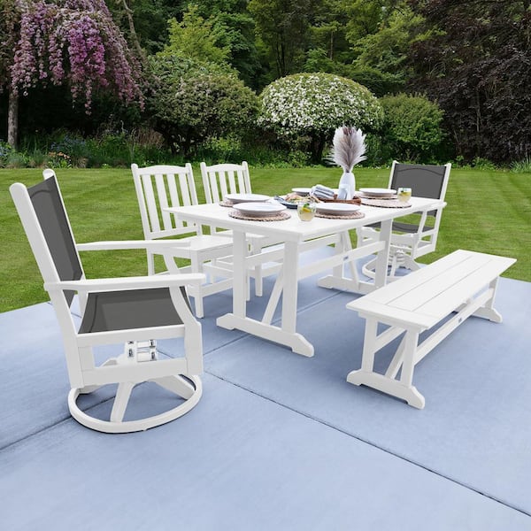 LuXeo Tuscany White 6-Piece HDPE Sling Swivel Retangle Outdoor Dining Set