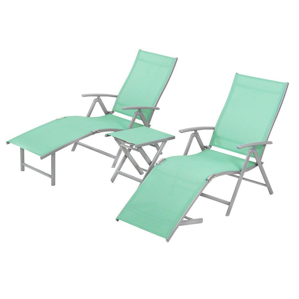 Green Aluminum Outdoor Folding Chaise Lounge and Table Set