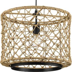 Chandra Collection 16 in. 1-Light Matte Black Pendant with Woven Shade