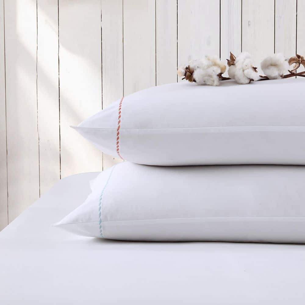 Queen White Cotton Percale Sheet Set with Orange Embroidery