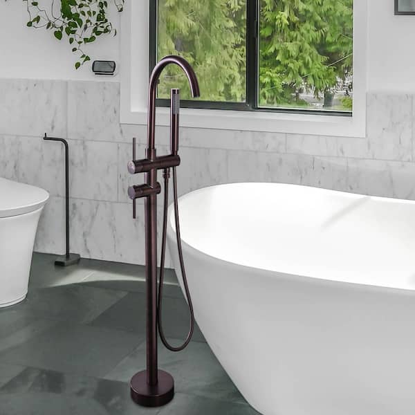 Free Standing Tub Faucets with Shower in Oil Rubbed Bronze, Gooseneck Floor Mounted Tub Fillers, 2.5 GPM