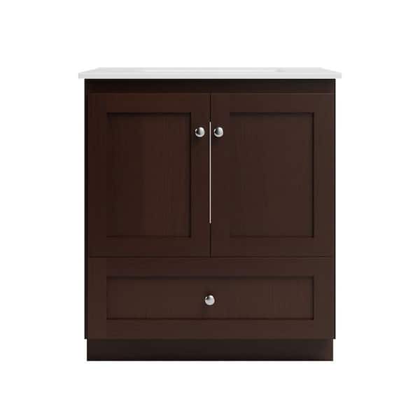 Shaker 31 in. W x 22 in. D x 35 in. H Vanity with No Side Drawers in Dark Alder with Ceramic Vanity Top in White