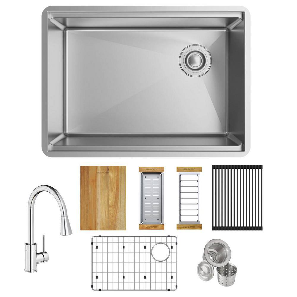 Elkay Crosstown 18-Gauge Stainless Steel 25.5 in. Single Bowl Undermount Workstation Kitchen Sink with Faucet and Accessories, Polished Satin -  ECTRU24169RTFCW