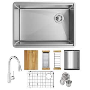 Crosstown 18-Gauge Stainless Steel 25.5 in. Single Bowl Undermount Workstation Kitchen Sink with Faucet and Accessories