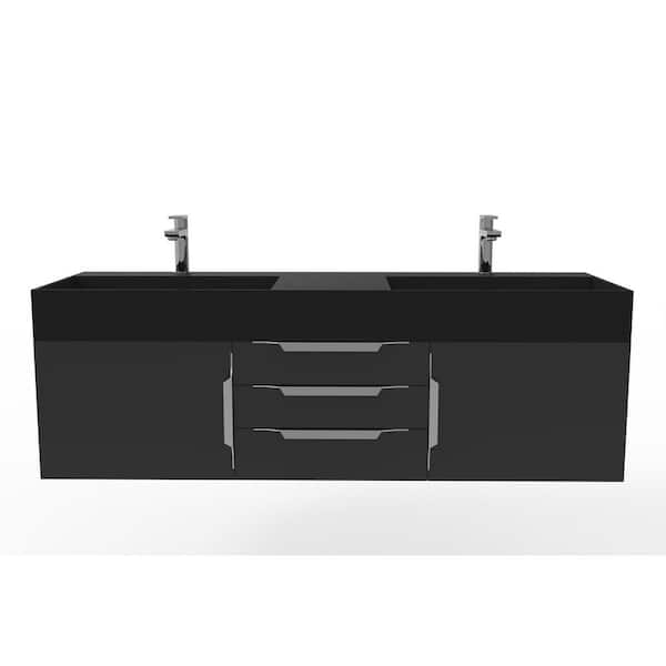 castellousa Maranon 60 in. W x 19 in. D x 19.25 in. H Double Floating Bath Vanity in Black with Chrome Trim and SLDSFC Black Top