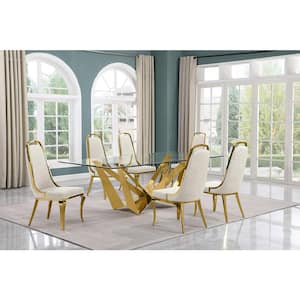 Meryl 7-Piece Rectangular Glass Top Gold Stainless Steel Dining Set With 6-Cream Velvet Gold Chrome Iron Legs Chairs