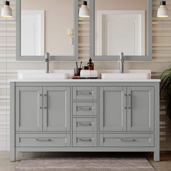 Bentworth 60 in. Double Semi-Recessed Sinks Light Gray Bath Vanity with White Engineered Marble Top (Assembled)