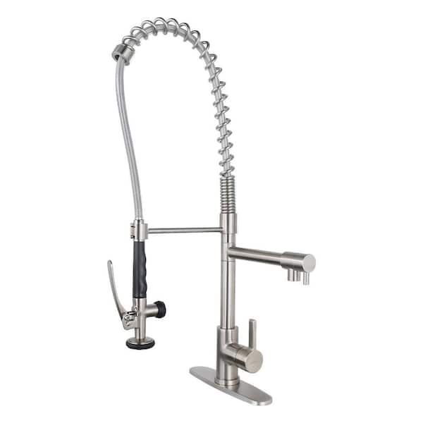 Commercial Deck Mount Double Handle Pull Down Sprayer Kitchen Faucet with Pre-Rinse Sprayer in Brushed Nickel
