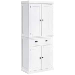 White Shelf Wood Pantry Organizer Storage Cabinet with 4 Doors and Wide Drawer