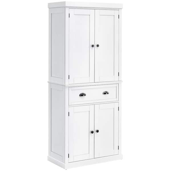 White Shelf Wood Pantry Organizer Storage Cabinet with 4 Doors and Wide ...