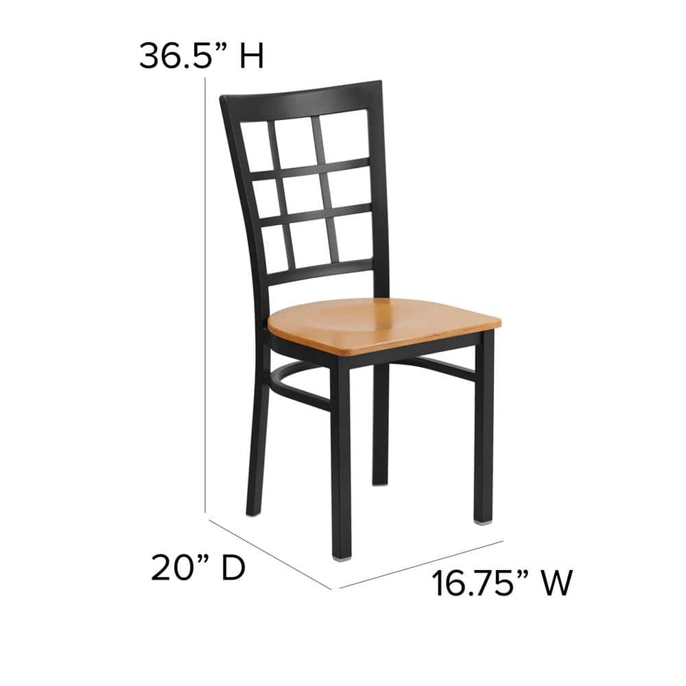 36.5'' High Black Steel Window Back Chair with Natural Wood Seat
