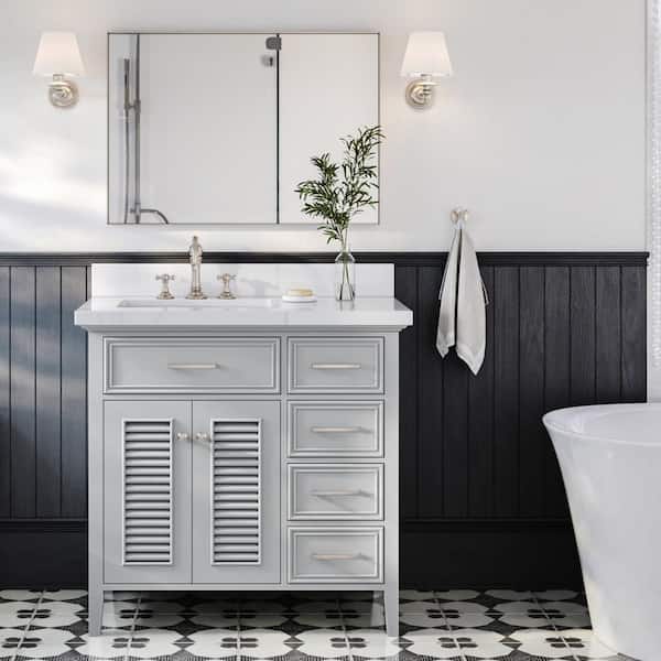 ARIEL Kensington 37 in. W x 22 in. D x 36 in. H Freestanding Bath Vanity in Grey with Pure White Quartz Top