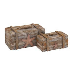 Handmade Distressed Brown Starfish Decorative Box with Rope Handle and Lid 2-Pack
