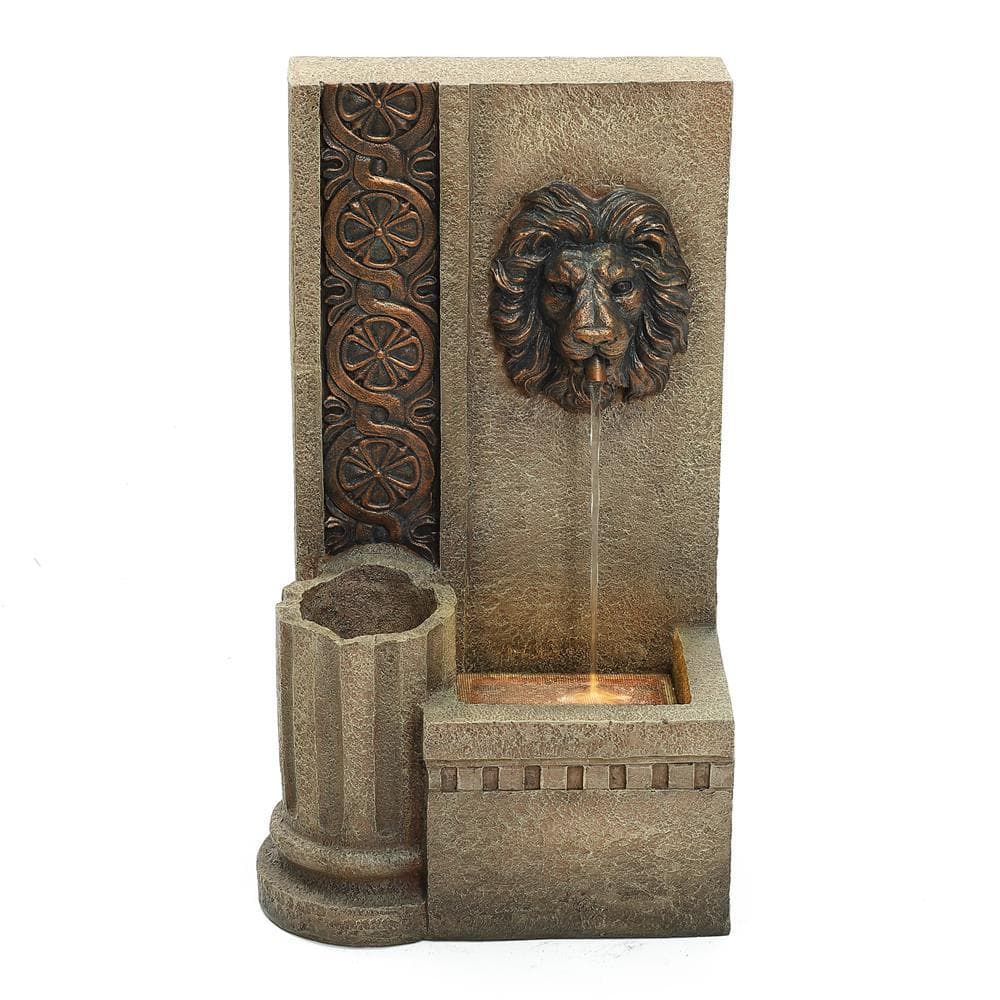 25.8 in. H Sandstone Resin Regal Lion Head Floor Outdoor Waterfall Fountain with Lights -  LuxenHome, WHF1846