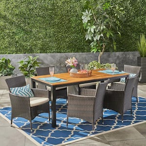 Dane Teak Brown 7-Piece Wood and Multi-Brown Faux Rattan Outdoor Dining Set with Beige Cushions