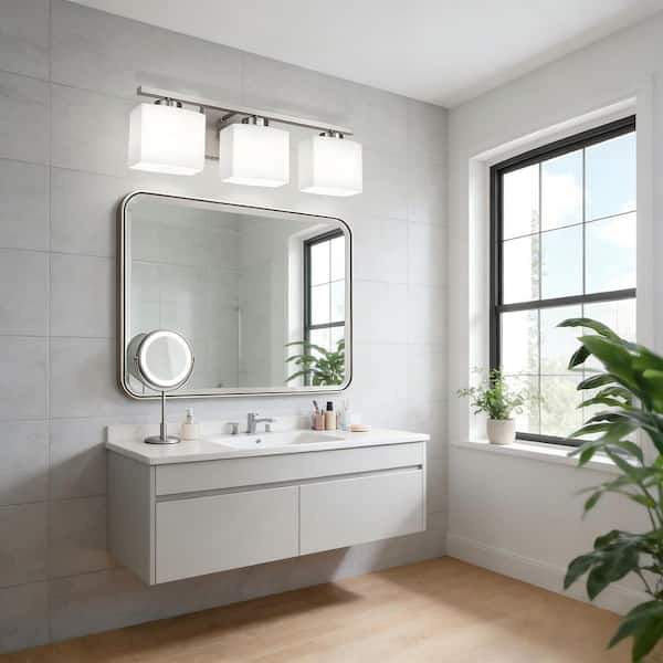 22 in. 3 Light Nickel Vanity Light for Vanity Powder Room Dressing Room with White Glass Shades