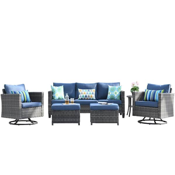 New Vultros Gray 6-Piece Wicker Outdoor Patio Conversation Set with Denim Blue Cushions and Swivel Rocking Chairs