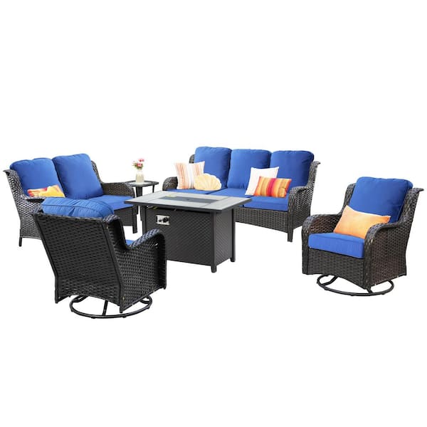 Amber 6-Piece Wicker Patio Rectangular Fire Pit Sets and Swivel Rocking Chairs with Navy Blue Cushion