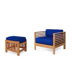 Sylvie Teak Outdoor Lounge Chair and Ottoman with Sunbrella True Blue Cushions