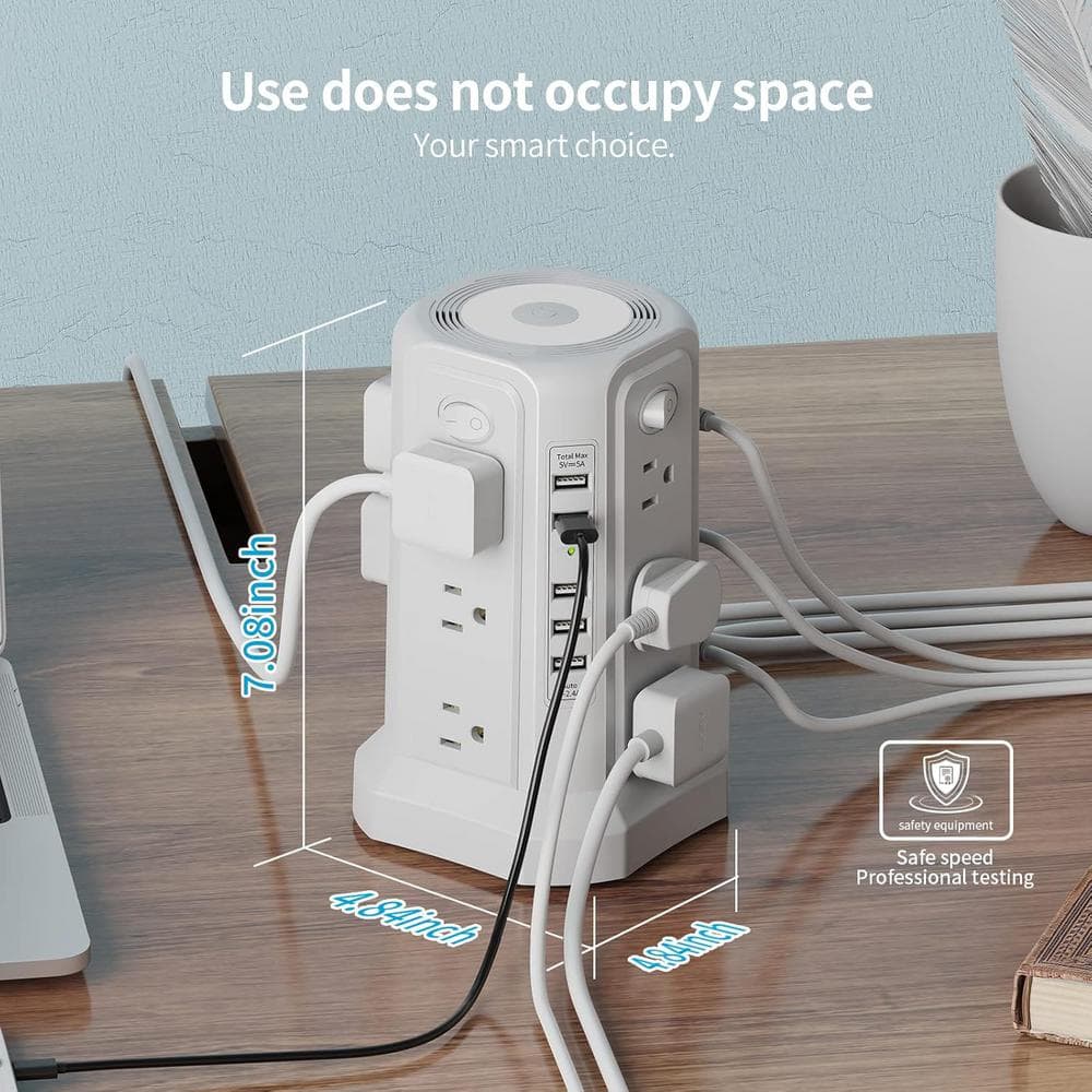White Heavy Duty 12-Outlet Power Strip Tower with USB Ports