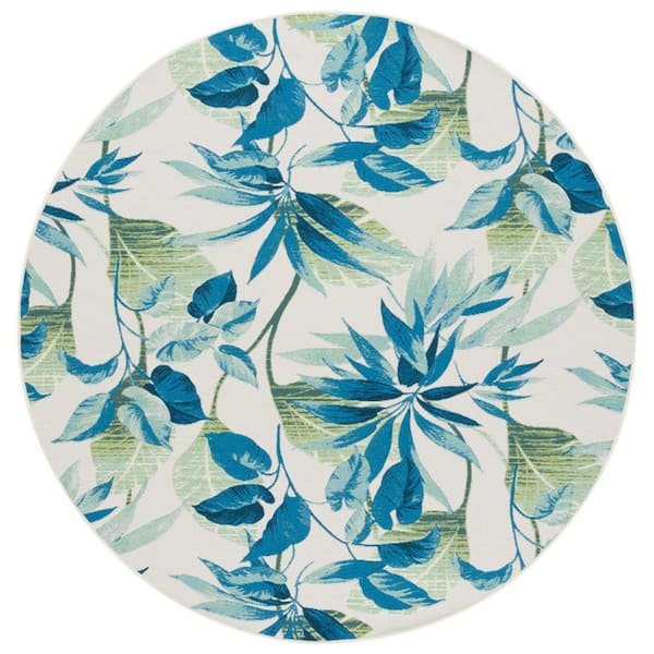 Barbados Ivory/Blue 7 ft. x 7 ft. Botanical Leaf Round Indoor/Outdoor Area Rug