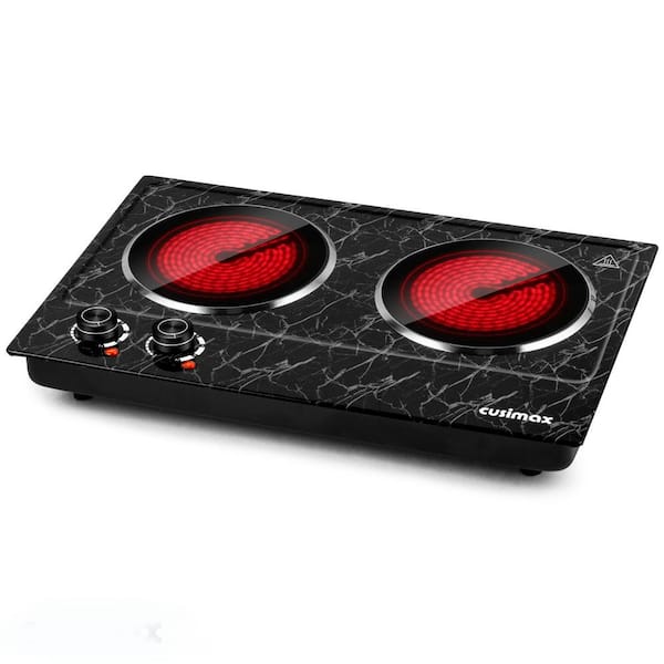 JEREMY CASS Double Infrared Burner 7.1 in. Black-Marble Countertop Hot Plate with Temperature Control, Automatic Shut-Off