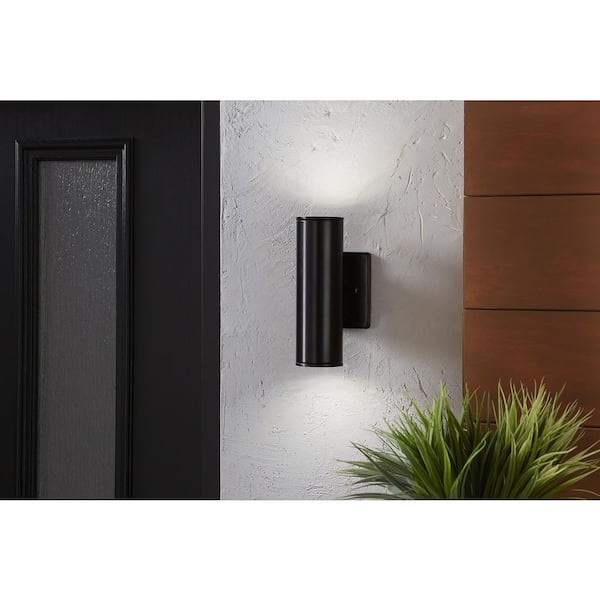 Riga 7.88 in. Small Modern Black Hardwired Integrated LED Cylinder Outdoor Wall Light Sconce with Integrated LED Bulb