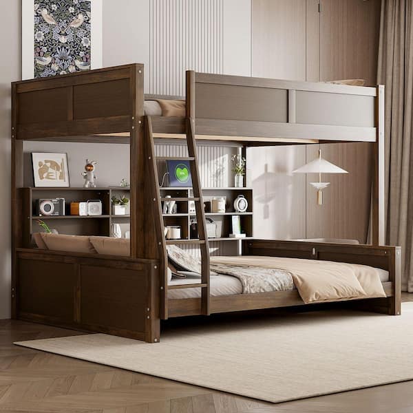 Antique Wood Color Full XL Over Queen Wood Bunk Bed with Storage Shelves and USB Ports