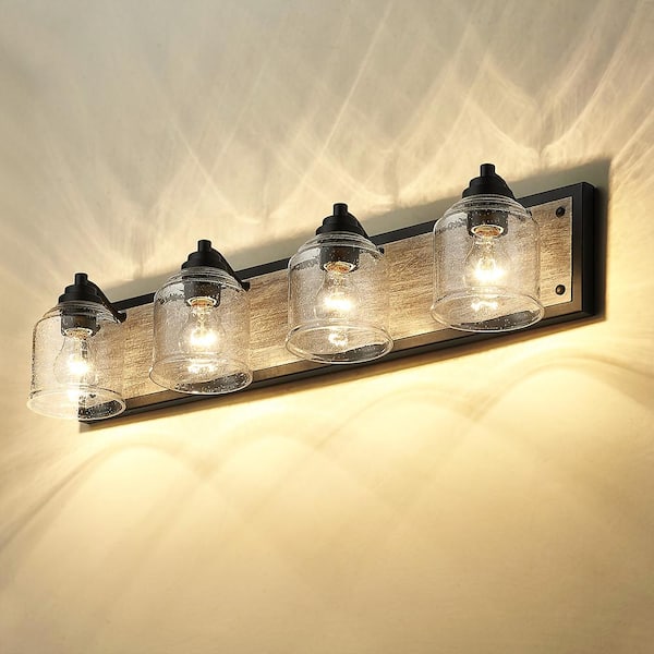 Farmhouse 31.5 in. 4-Light Black and Grey Wood Grain Metal Bathroom Vanity Light with Clear Seeded Glass Shades