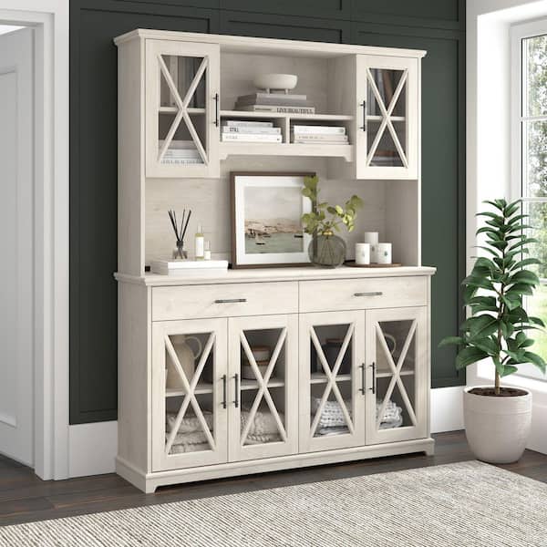 Bush Furniture Lennox Linen White Oak Particle Board 59.37 in. Farmhouse Sideboard Buffet Cabinet with Glass Doors and Hutch