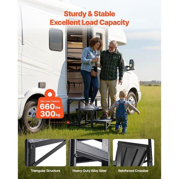 RV Steps with Handrail, 3 Steps, 660 lbs. Load Capacity, Heavy Duty Outdoor RV Stairs, Portable Stairs for Hot Tub